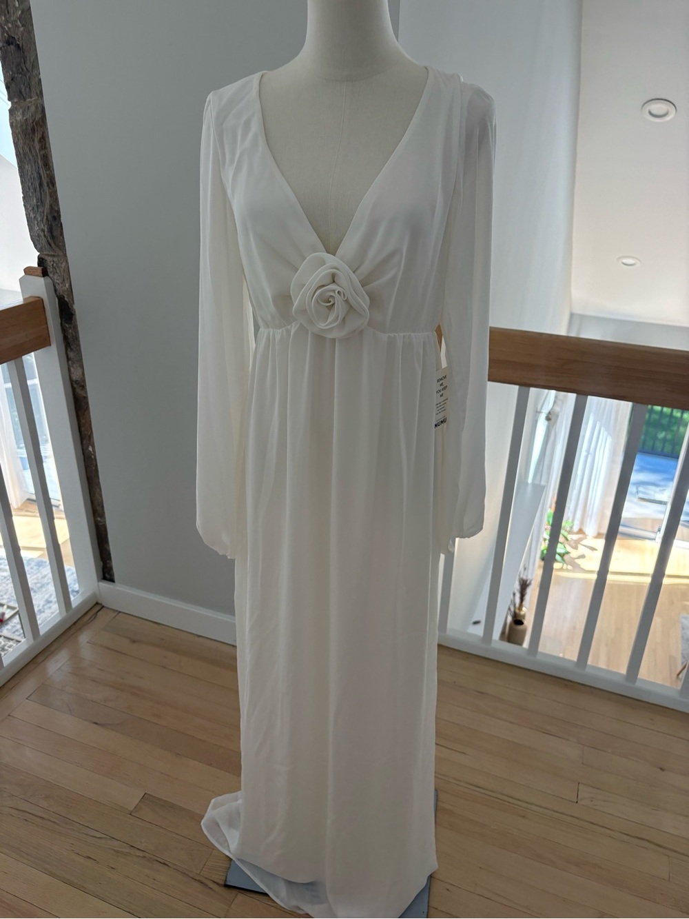 Show Me Your MuMu White Long Sleeve V-Neck Maxi Dress with Rosette Detail